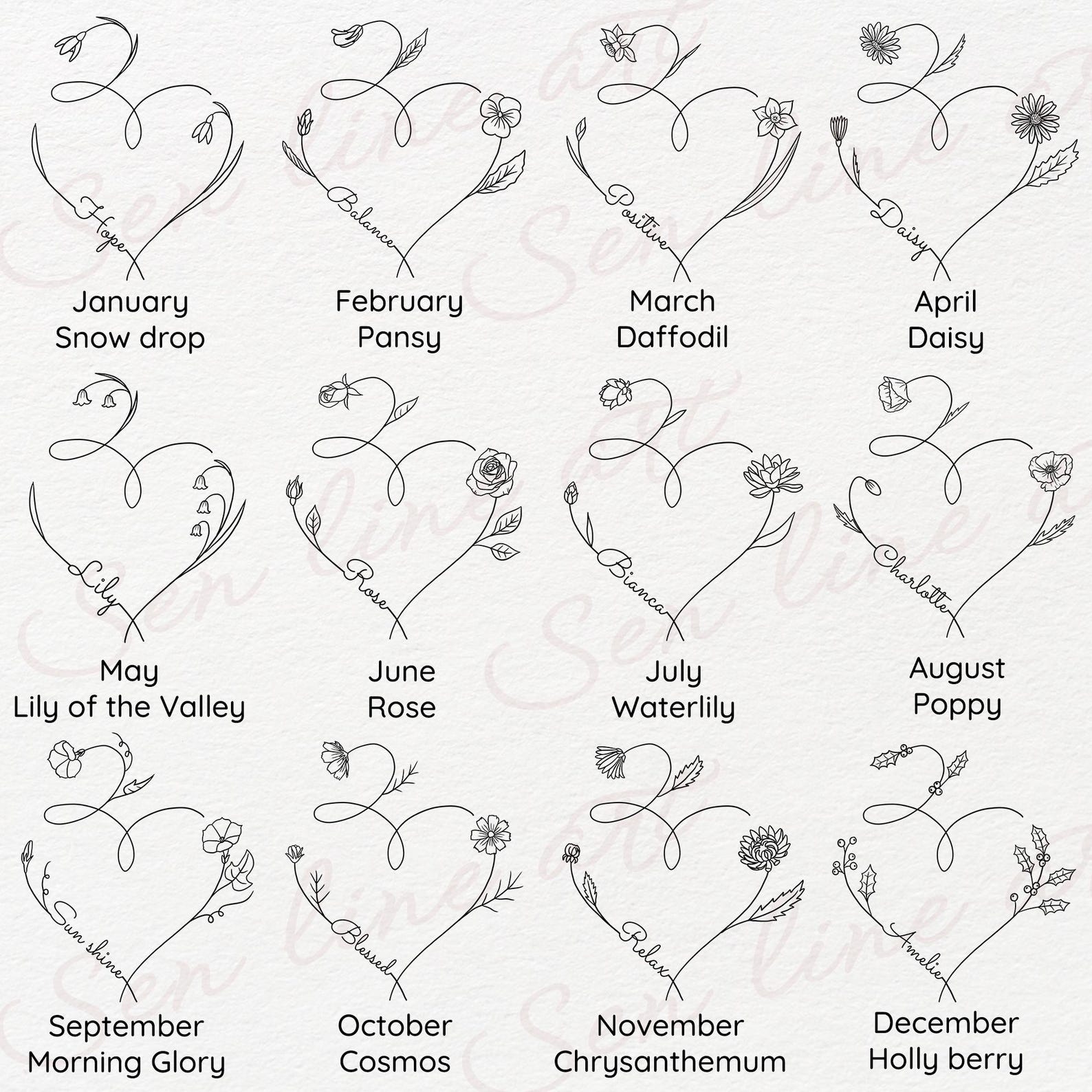 Custom Birth Flower Heart Tattoo Design, Minimalist Floral Tattoo, Line ...
