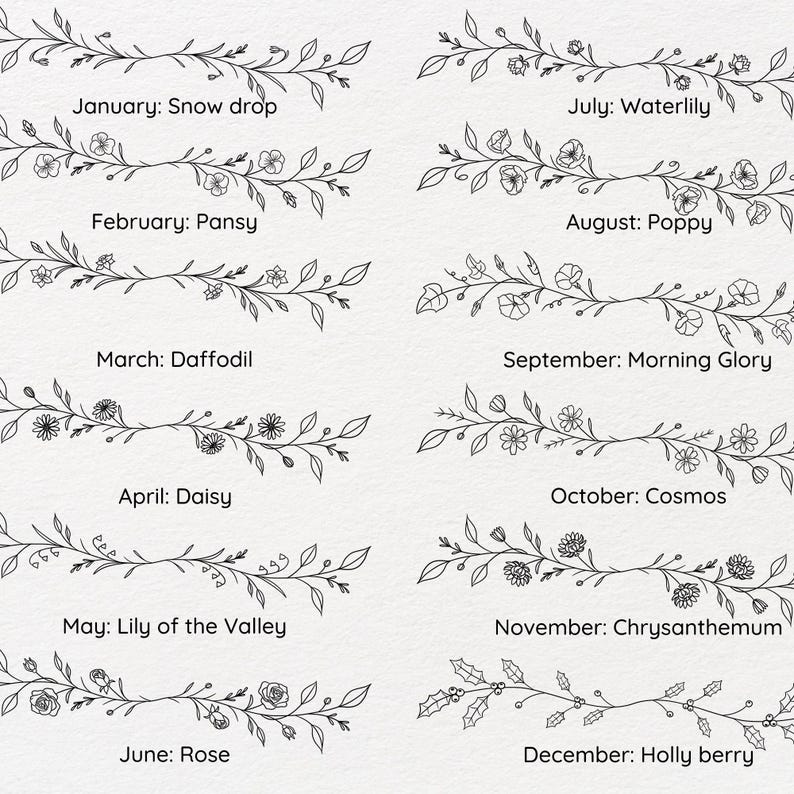 Puede incluir: Una ilustraci&oacute;n en blanco y negro de coronas florales con los nombres de las flores y los meses del a&ntilde;o. Enero: Matacandil, Febrero: Pensamiento, Marzo: Narciso, Abril: Margarita, Mayo: Lirio de los valles, Junio: Rosa, Julio: Nen&uacute;far, Agosto: Amapola, Septiembre: Gloria de la ma&ntilde;ana, Octubre: Cosmos, Noviembre: Crisantemo, Diciembre: Acebo.