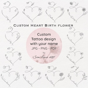 Custom Birth Flower Heart Tattoo Design, Minimalist Floral Tattoo, Line Art, Tiny Digital Tattoo, PNG/JPEG/PDF Files, Personalised Design