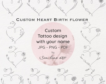Conception personnalisée de tatouage de coeur de fleur de naissance, dessin au trait minimaliste (PNG/JPEG/PDF)