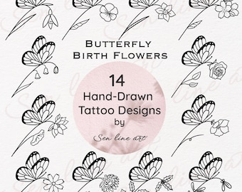 14 motifs de tatouage de fleurs de naissance de papillons – Dessins au trait minimaliste (fichiers numériques, licence POD incluse)