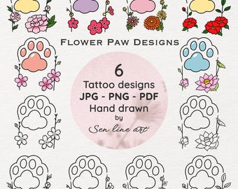 Motifs japonais de tatouage de patte de fleur de naissance, dessin au trait minimaliste (fichiers PNG/JPEG/PDF)