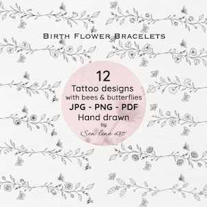 12 Birth Flower Bracelet Tattoo Designs with Bees & Butterflies, Minimalist Line Art, Digital Floral Tattoo, Tiny Tattoo, PNG/JPEG/PDF