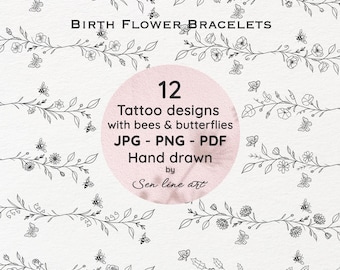 Motifs de tatouage de bracelet fleur de naissance, abeilles et papillons (PNG/JPEG/PDF)