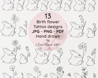 Diseños de tatuajes de flores de nacimiento de gato, arte lineal japonés (descarga digital)