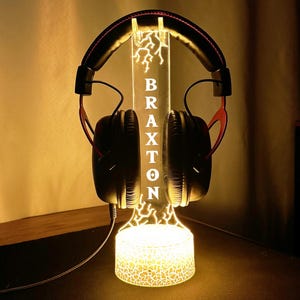 Personalized Gaming Headphone Stand, RGB Headset Holder, Organizer for Video Gamers, Custom Gamer Tag RGB Light, Nickname Led