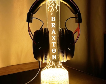 Personalized Gaming Headphone Stand, RGB Headset Holder, Organizer for Video Gamers, Custom Gamer Tag RGB Light, Nickname Led