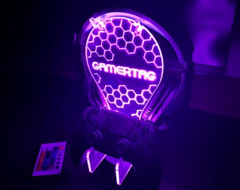 Custom Headphone and Controller Stand,PS xbox accessories,Headphone Stand,Gamertag led night Light,Headphone Holder,christmas gift for gamer