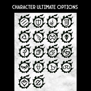 May include: Black and white graphic design of 15 different symbols, each within a circular frame with a jagged edge. The symbols are arranged in a grid of 5 columns and 3 rows. The text "CHARACTER ULTIMATE OPTIONS" is at the top of the image.