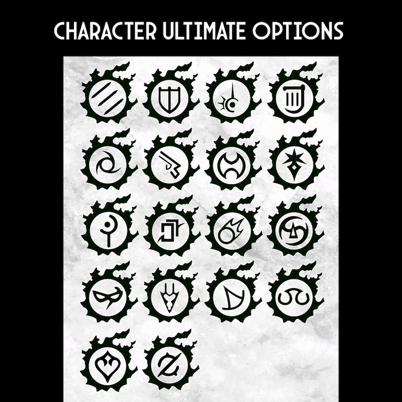 May include: Black and white graphic design of 15 different symbols, each within a circular frame with a jagged edge. The symbols are arranged in a grid of 5 columns and 3 rows. The text "CHARACTER ULTIMATE OPTIONS" is at the top of the image.
