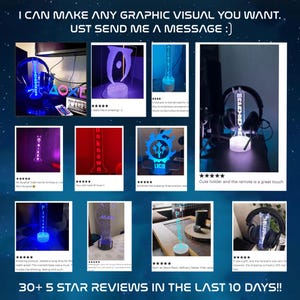 May include: A collection of custom LED light bases and headphone stands, showcasing various designs and text. The lights emit a blue glow, with some featuring personalized names and logos. The image includes customer reviews and the text "I CAN MAKE ANY GRAPHIC VISUAL YOU WANT. UST SEND ME A MESSAGE :)".