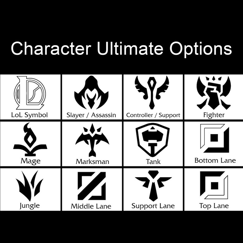 May include: A black and white graphic showing different character ultimate options in League of Legends. The options include LoL Symbol, Slayer/Assassin, Controller/Support, Fighter, Mage, Marksman, Tank, Bottom Lane, Jungle, Middle Lane, Support Lane, and Top Lane.