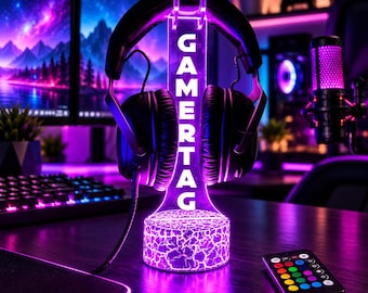 Personalized led Headphone Stand, Streamer Headset Holder Stand, Gamertag led Light Sign, Headphone Holder, christmas gifts for gamers