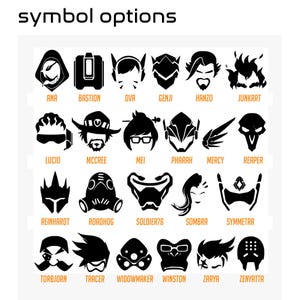May include: Black and white illustrations of Overwatch characters, including Ana, Bastion, D.Va, Genji, Hanzo, Junkrat, Lucio, McCree, Mei, Pharah, Mercy, Reaper, Reinhardt, Roadhog, Soldier: 76, Sombra, Symmetra, Torbjorn, Tracer, Widowmaker, Winston, Zarya, and Zennyata.