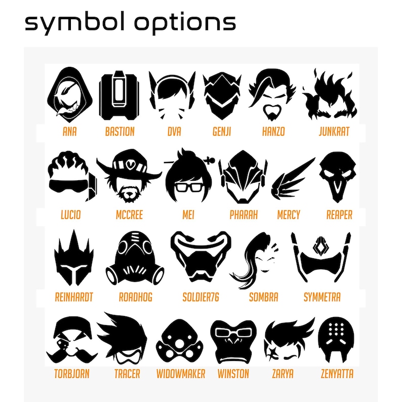 May include: Black and white illustrations of Overwatch characters, including Ana, Bastion, D.Va, Genji, Hanzo, Junkrat, Lucio, McCree, Mei, Pharah, Mercy, Reaper, Reinhardt, Roadhog, Soldier: 76, Sombra, Symmetra, Torbjorn, Tracer, Widowmaker, Winston, Zarya, and Zennyata.