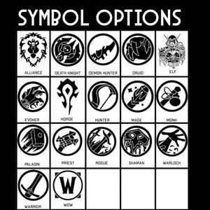 May include: Black and white graphic symbols representing different classes in the World of Warcraft video game. The symbols are arranged in a grid with the class name below each symbol. The symbols include a lion, a skull, a demon, a tree, an elf, a hand, an orc, a bow, a staff, a monk, a hammer, a priest, a sword, a skull, a hand, a sword, and a W.