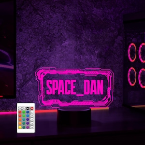 May include: A pink neon sign with a futuristic design and the text "SPACE_DAN" in a black rectangle. The sign is on a black base and is illuminated with a pink light. A remote control with multiple colored buttons is in the foreground.