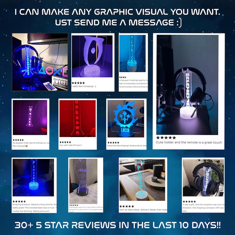 May include: A selection of custom LED light bases and headphone stands, displaying diverse designs and text. The lights emit a blue, red, and white glow. The text in the image reads: "I CAN MAKE ANY GRAPHIC VISUAL YOU WANT. UST SEND ME A MESSAGE :)"