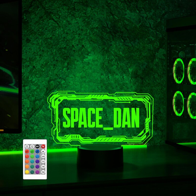 May include: A green neon sign with a circuit board design and the text "SPACE_DAN" on a black base with a remote control.
