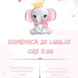 Invito digitale battesimo bambina – Elefantino rosa con corona – Personalizzabile – Invito WhatsApp battesimo baby girl – Download digitale
