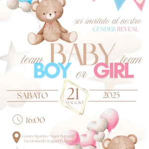 Può includere: Un invito per il gender reveal del bambino con illustrazioni ad acquerello. Il design presenta orsetti, palloncini e banner rosa e blu. Il testo include "Baby Boy or Girl" e i dettagli dell'evento.