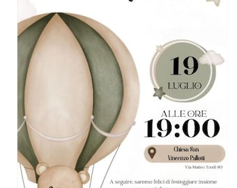 Invito digitale Battesimo – Tema Orsetto su Mongolfiera | Personalizzabile