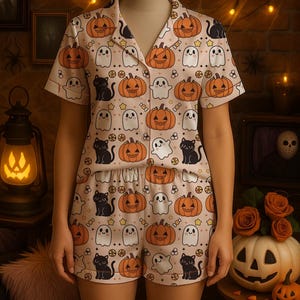 Cute Halloween Pajamas, Halloween Pjs For Women, Cute Ghost Black Cat Pajamas, Fall Holiday Pajamas, Pumpkin Pajamas Set, Spooky Season Gift