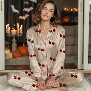Cherry Aesthetic Pajama, Cute Short Sleeve Sleepwear, Soft Silky Nightwear, Vintage Cherry Satin Pajama, Bridesmaid Pajama Set