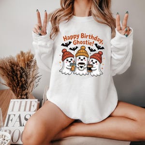Comfort Colors® Happy Birthday Ghostie shirt, Cute Coffee Drink Ghost Shirt, Coffee Lover Ghost, Halloween Ghost Shirt, Pumpkin Coffee Shirt