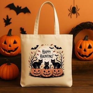 Halloween Bag Black Cat Pumpkin Trick or Treat, Halloween Tote Bag,Cute Halloween Cat, Vintage Halloween Bag, Halloween Gift for Women