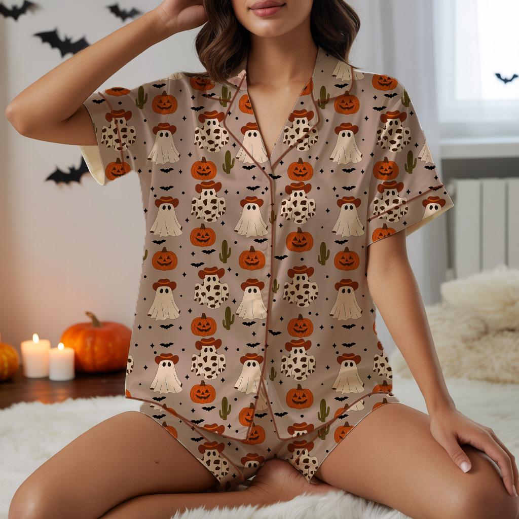 Discover Ghost Cowboy Halloween Pajamas Set Pumpkin Print Cute Satin Sleepwear