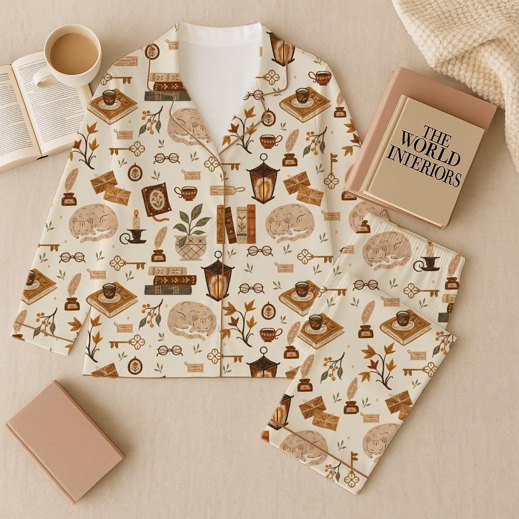 Discover Vintage Book Lovers Pajamas Set, Autumn Vibes Sleepwear