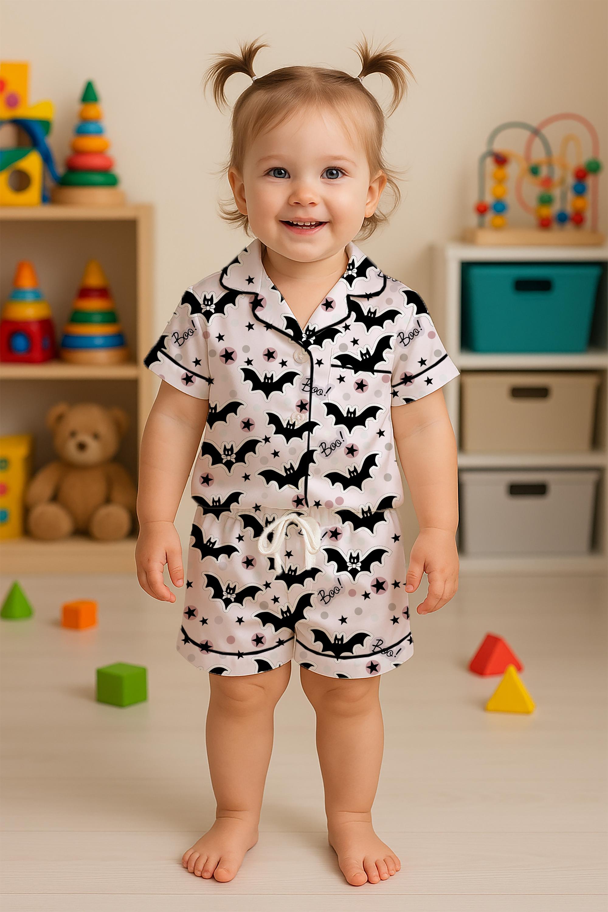 Discover Halloween Pajama Set with Cute Bat and Stars, Long Sleeve Button Up Satin Sleepwear