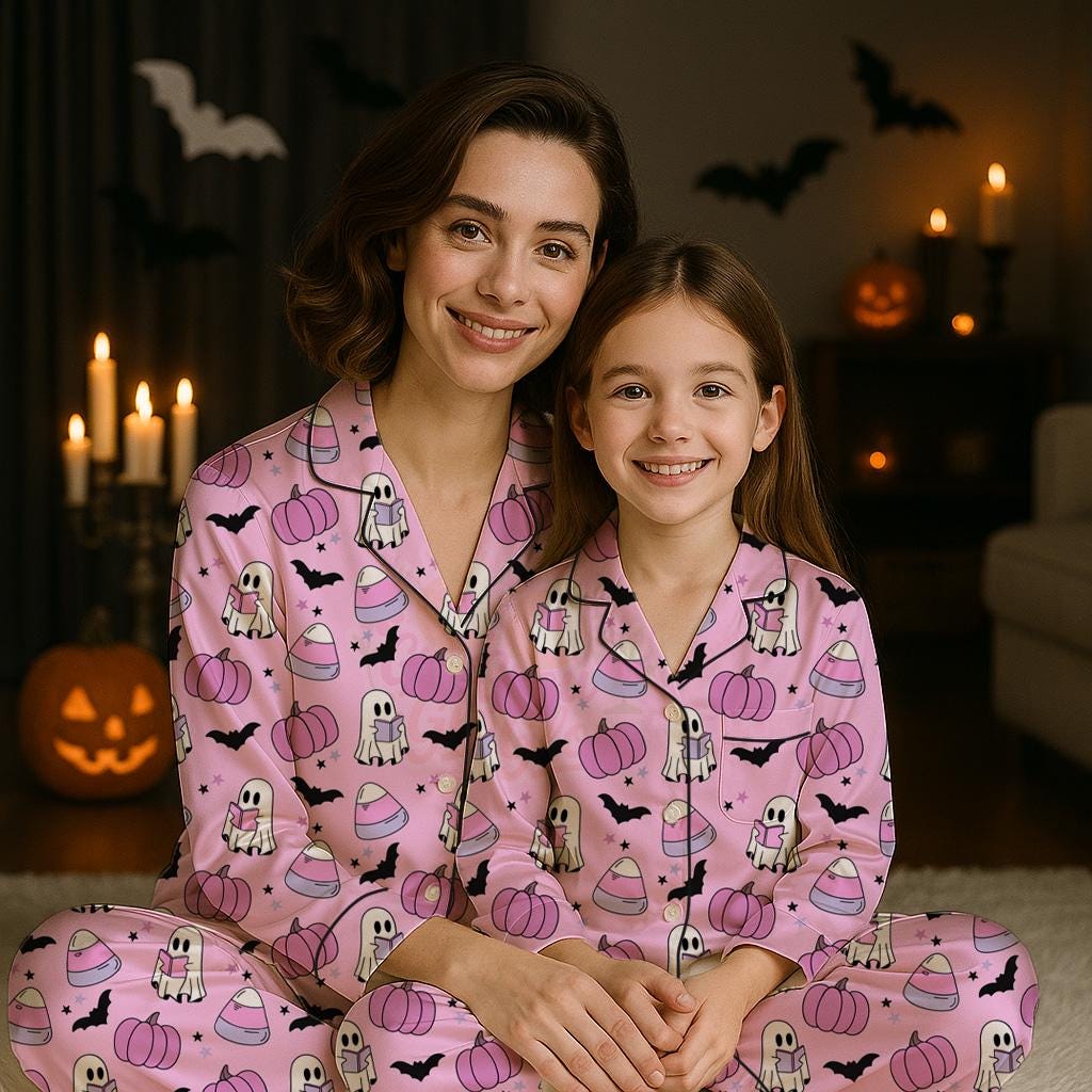 Discover Cute Purple Ghost Reading Book Pajamas Set, Halloween Sleepwear