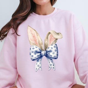 Coquette Bow Bunny Ears Sweatshirt, Cute Easter Bunny Shirt, Aesthetic Rabbit Tee, Happy Easter Gift, Soft Girl Spring Outfit,Easter Women&#39;s