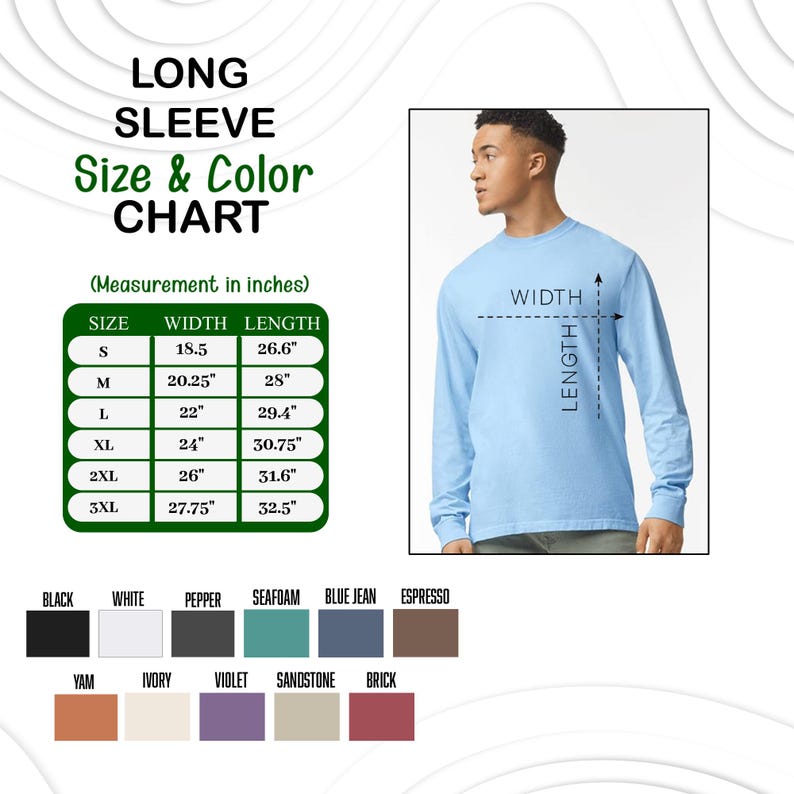 K&ouml;nnte beinhalten: Ein hellblaues Langarmshirt wird mit einer Gr&ouml;&szlig;en- und Farbtabelle gezeigt. Die Tabelle zeigt Ma&szlig;e in Zoll f&uuml;r die Gr&ouml;&szlig;en S bis 3XL. Farbmuster umfassen Schwarz, Wei&szlig;, Pfeffer, Meerschaum, Blue Jean und Espresso.