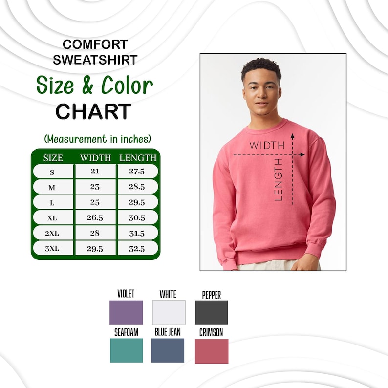 K&ouml;nnte beinhalten: Ein korallenfarbenes Sweatshirt mit einer Gr&ouml;&szlig;en- und Farbtabelle. Die Tabelle zeigt die Ma&szlig;e in Zoll f&uuml;r die Gr&ouml;&szlig;en S bis 3XL. Farbfelder umfassen Violett, Wei&szlig;, Pfeffer, Meerschaum, Blue Jean und Karmesinrot.