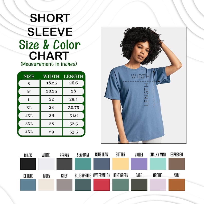 K&ouml;nnte beinhalten: Ein blaues Kurzarm-T-Shirt mit einer Gr&ouml;&szlig;en- und Farbtabelle. Die Tabelle zeigt Ma&szlig;e in Zoll, mit Gr&ouml;&szlig;en von S bis 4XL. Farben sind Schwarz, Wei&szlig;, Pfeffer, Meerschaum, Blue Jean, Butter, Violett, Kreidemint und Espresso.