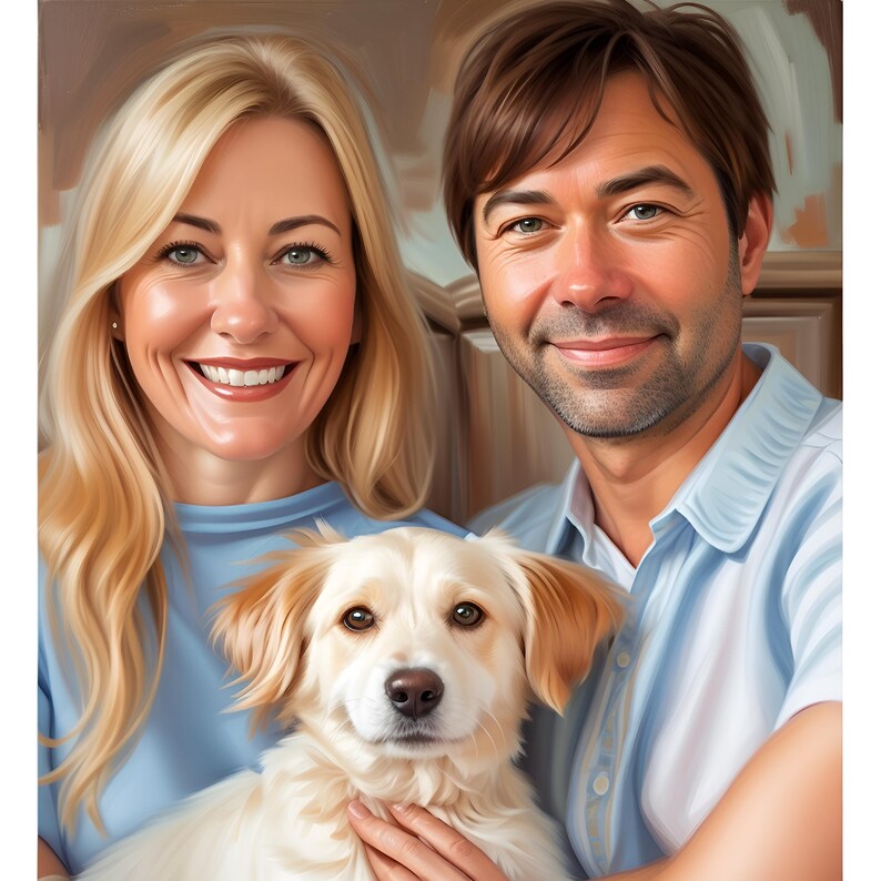 May include: A portrait painting of a couple with their dog. The woman is wearing a light blue shirt and has blonde hair. The man is wearing a light blue shirt and has brown hair. The dog is a white and brown dog with its head resting on the woman's lap.