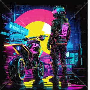May include: A futuristic illustration of a person wearing a helmet and a black suit standing next to a motorcycle with neon pink, blue, and yellow accents. The background is a cityscape with neon lights.
