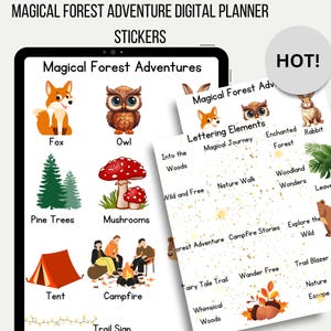 Könnte beinhalten: Digitale Planer-Aufkleber mit Illustrationen von einem Fuchs, einer Eule, Kiefern, Pilzen, einem Zelt, einem Lagerfeuer und Schriftzügen mit Sätzen wie "Magische Reise", "Naturwanderung" und "Märchenpfad".