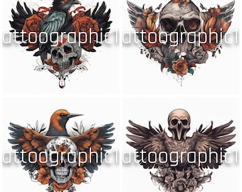 Spooky Halloween Tattoo Art Bundle - Retro Witches & Floral Skulls SVG/PNG Designs for T-Shirts, Unique Digital Graphics
