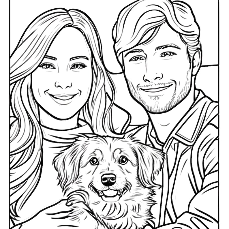 May include: A black and white line drawing of a couple and their dog. The couple is smiling and the dog is looking up at the camera.