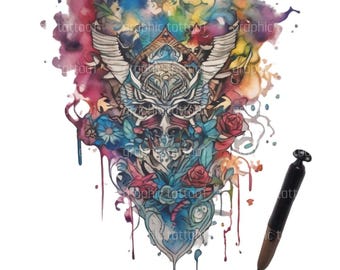 Unique Tattoo SVG - Colorful Skull and Rose Watercolor Design - Digital Download Art for Tattoo Stencils & Crafts
