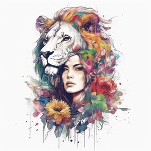 4 Girl Lion Art Tattoo Clipart | PNG Files AND SVC , Sublimation and Stencils | Digital Tattoo Art for Merch Design and Traditional Tattoos