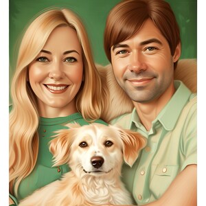May include: A portrait of a couple with their dog. The woman is wearing a green shirt and has long blonde hair. The man is wearing a green shirt and has brown hair. The dog is a light brown and white mixed breed.