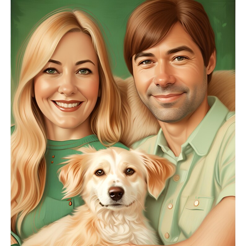 May include: A portrait of a couple with their dog. The woman is wearing a green shirt and has long blonde hair. The man is wearing a green shirt and has brown hair. The dog is a light brown and white mixed breed.
