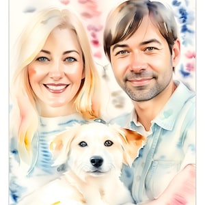 May include: A watercolor painting of a couple and their dog. The woman has long blonde hair and is wearing a blue shirt. The man has short brown hair and is wearing a blue shirt. The dog is a white and brown labrador retriever.