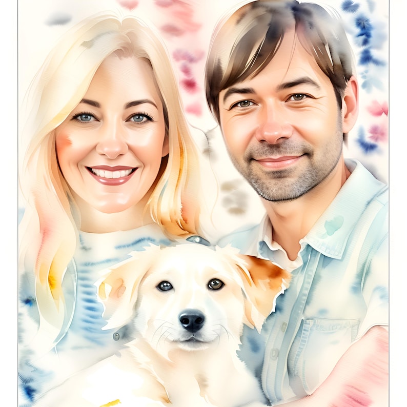 May include: A watercolor painting of a couple and their dog. The woman has long blonde hair and is wearing a blue shirt. The man has short brown hair and is wearing a blue shirt. The dog is a white and brown labrador retriever.