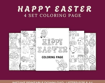 Easter Coloring Pages Set of 4, Holiday Kid's Craft Kit, Easter Bunny Activity Pages, Printable Kids Coloring Sheets